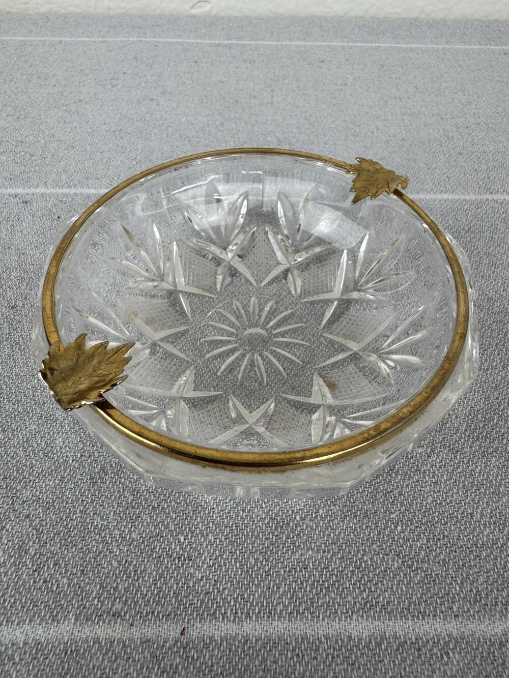 Vintage Crystal Cut Glass Ashtray Trinket Dish Gold Tone Rim & Leaf Rests 4”